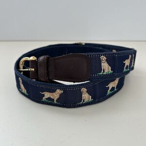 Vtg Alynn Mens Canvas Leather Belt Dog Labrador Adjustable Navy Blue Size 29-42W